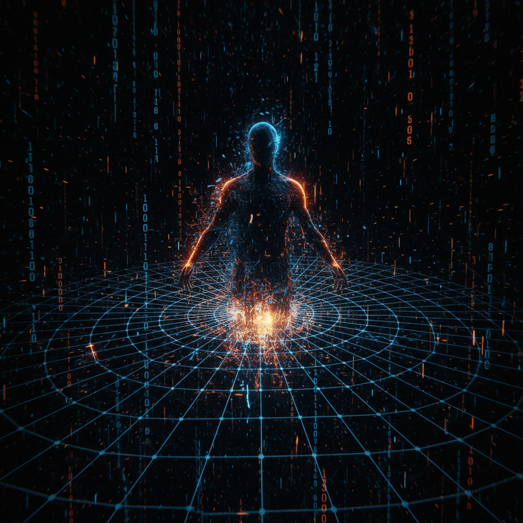 Spectral AI agent silhouette infiltrating a secure digital network grid, representing the Identity Dark Matter danger in corporate architecture